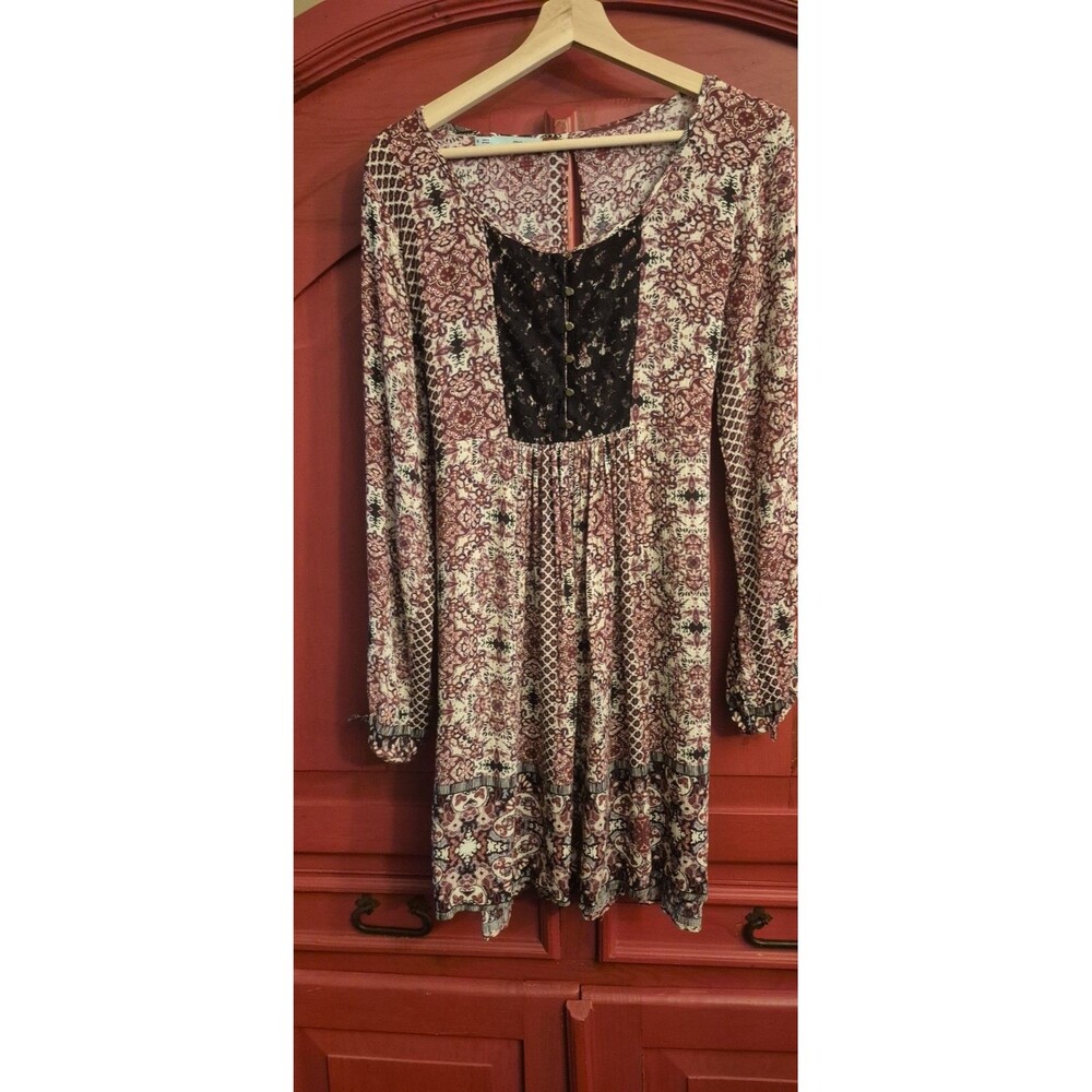 Maurices Size Small Dress Black Lace Accent Cold Shoulder Sleeves Floral Burgund